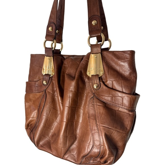 B. MAKOWSKY Brown Leather Slouch Tote Handbag with Leopard Print Lining - Picture 1 of 11